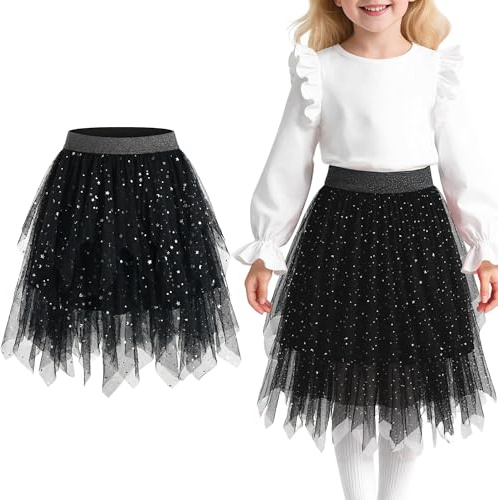 Baogaier Mädchen Tüllrock Pailletten Elastisch Hohe Taille Mesh Faltenrock Karneval Kostüm Elegante Tüll Rock Tutu Prinzessinrock mit Gefüttert Faltenkleid Fasching Party für 7-8 Jahre, Schwarz