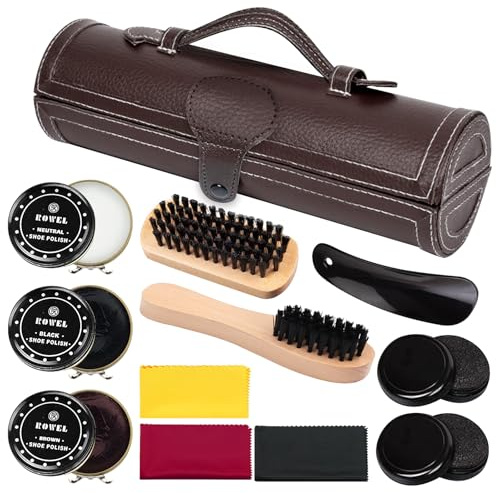 PORFOYO Set di 12 pezzi per la cura delle scarpe da viaggio, con spazzole per scarpe, panno lucidante, cucchiaio, spugna, accessori per la pulizia delle scarpe in pelle