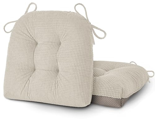 OVOV Seat Cushions for Dining Chairs Set of 2 46X42X8 cm Beige | Soft, Non-Slip Chair Cushions, with Ties, Tufted , Thick, Semicircular, for Indoor Kitchen, for Metal and Wooden Chairs