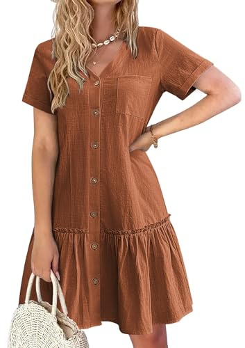 HOTOUCH Women Summer Cotton Linen Dress Button Down Dresses V-Neck Ruffle Hem Casual Dress Short Sleeve Beach Dresses Brown M
