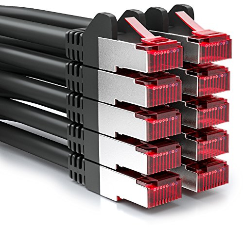 deleyCON 10x 0,5m CAT6 Patchkabel S/FTP PIMF Schirmung CAT-6 RJ45 Netzwerkkabel Ethernetkabel LAN DSL Switch Router Modem Access Point Patchfelder - Schwarz