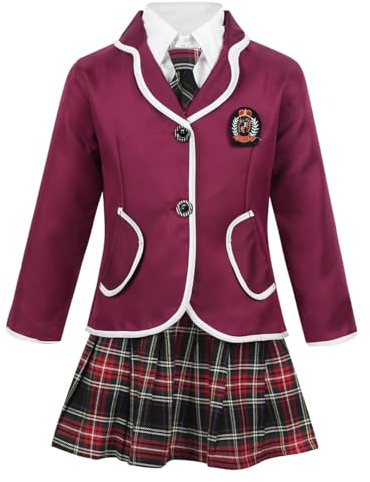 CHICTRY Uniforme Scolastica Bambina Giapponese Costume da Studentessa Giacca Manica Lunga/Camicia Bianca/Gonna a Pieche/Cravatta Completo Scuola Cosplay School Girl Borgogna 10-12 anni