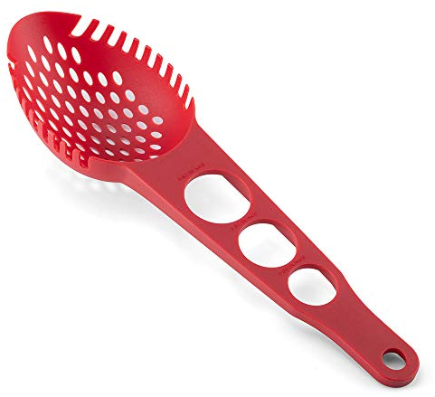 Fengchen Serveuse à spaghetti multifonction 3 en 1 – Cuillère à griffes, Passoire à nourriture et outil de mesure à spaghetti avec 3 tailles différentes de trous de mesure Rouge