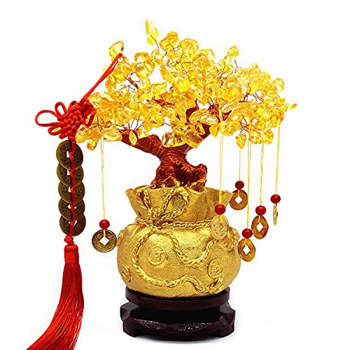 Colorsheng Feng Shui Yellow Quartz Crystal Tree, Bonsai Style Money Trees Decoration for Luck and Wealth (Purse)