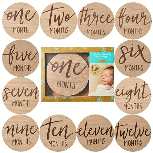 Kate & Milo Baby Monthly Milestone Marker Discs - Classic Cursive Script Wooden Discs with Reversible Photo Props for Baby Announcement and Milestones, Gender-Neutral Gift for Newborn Boy and Girl