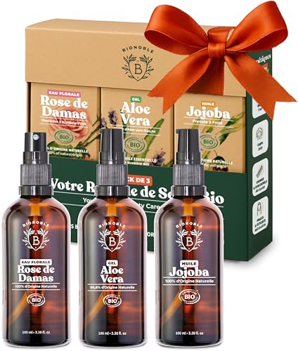 Bionoble Skincare Kit 3x100ml - Agua de Rosas, Gel Aloe Vera Puro y Aceite de Jojoba Orgánico - Cuidado Facial, Corporal y Capilar - Regalo Cumpleaños Mujer