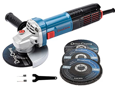 DongCheng Meuleuse d'angle 1100 W, disque-Ø：125 mm, y compris 2 disques abrasifs, 2 disques à lamelles, 2 disques à tronçonner, pour polir, poncer et couper le métal, la pierre, etc.