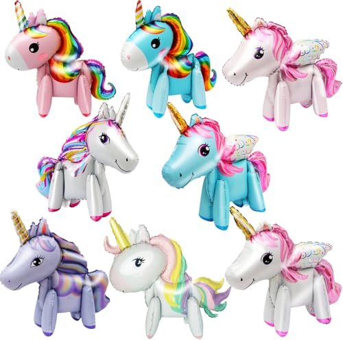Folienballon Einhorn, 3D Einhorn Luftballons 8 Stück, Aluminiumfolie Einhorn Luftballons Geburtstagsdeko, Einhorn Luftballon Helium Walking Ballon Geschenke für Geburtstag Hochzeiten Baby Shower