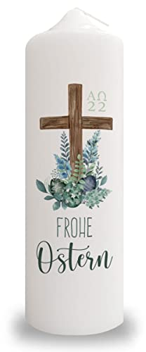 GRAVURZEILE Bougie imprimée – Bougie de Pâques joyeuse croix de Pâques – Cadeau de Pâques – Bougie imprimée brillante pour Pâques – Bougie pilier de haute qualité 250/80 mm blanche avec motif Pâques
