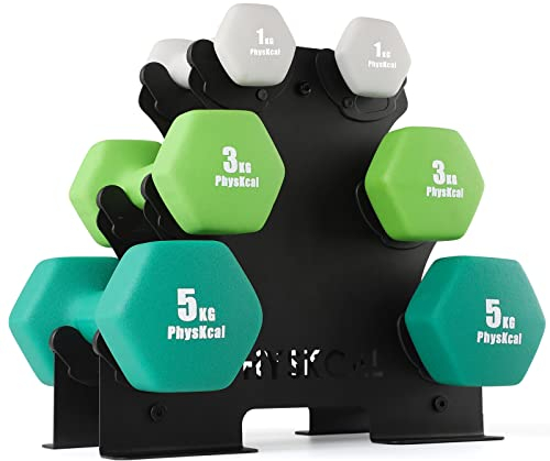 PhysKcal Kurzhantel Set, Hexagon Hantelset mit Stahl Hantelständer, 2 x 1 kg, 2 x 3 kg, 2 x 5 kg, Mattes Finish, Neopren-Beschichtung, Krafttraining für Zuhause
