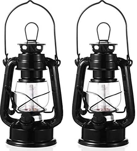 Hortsun 2 Pcs 8 Inch Vintage LED Hurricane Lantern Metal Black Outdoor Battery Operated Hanging Lantern with Warm LEDs and Dimmer Switch for Indoor Rustic Farmhouse Country Camping Decor