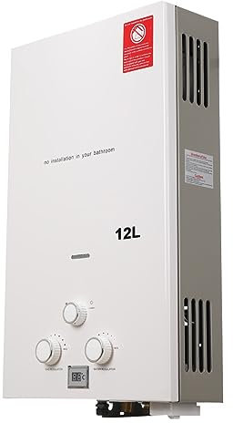 Lfhelper 12L 24KW Gasdurchlauferhitzer, LPG Warmwasserbereiter, 3,2 GPM Propangas Tankloser Kesselbrenner Sofort-Heißwasserbereiter mit Duschkopf-Kit für Kleine Häuser, Kabinen, Campingdusche Weiß