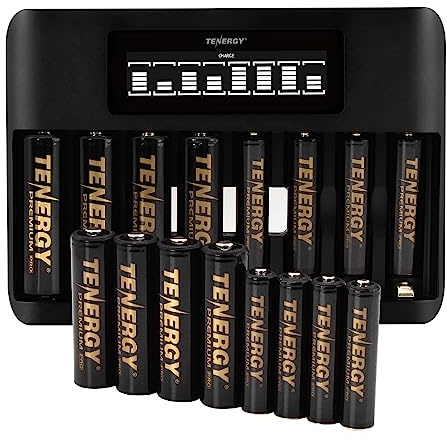 Tenergy TN480U 8-Bay LCD Display Fast Charger with 8 Pack AA and 8 Pack AAA Premium Pro Rechargeable Batteries