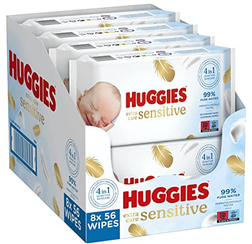 Huggies Sensitive Pure Extra Care, Baby Wipes - Box with 8 Packs (448 Wipes Total) - 99 Percent Pure Water Wet Wipes - Fragrance Free to Clean and Protect Sensitive Skin