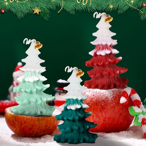3pz Candele a Forma di Albero di Natale con Bell, Candela a Tema Natalizio Candela Profumata Natalizia per Relax Feste Vacanze Capodanno Regalo Decorazione (Rosso, Verde Erba, Verde)