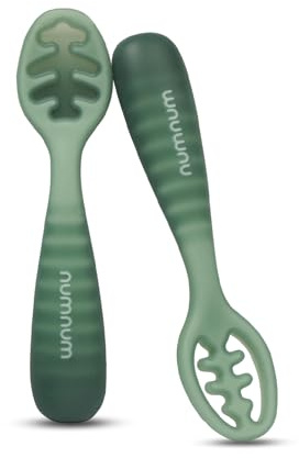 NumNum Baby Spoons Set, Baby Essentials Pre-Spoon GOOtensils for 12+ Months, First Stage Self-Feeding Spoons for Baby Led Weaning (BLW), Silicone Toddler Utensils, BPA-Free, 2 Pack Green