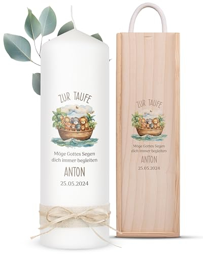 AMARI® Personalisierte Taufkerze (Arche Noah 002.10.02) - H:25cm/⌀:8cm - Mädchen/Junge - Gestalten Sie Ihre eigene Taufkerze mit Namen