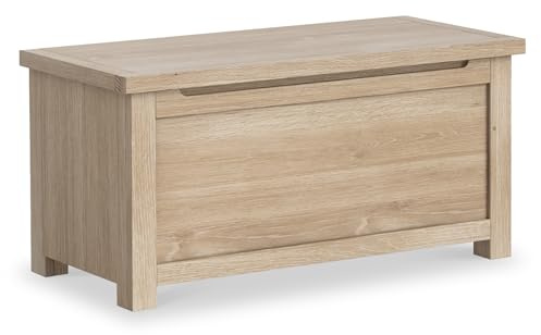 RoselandFurniture Farro Oak Large Blanket Box for Bedroom | Fully Assembled, Washed Wooden Ottoman Storage Trunk for Hallway, Coastal Farmhouse Style, H42.5cm W87cm D42.5cm