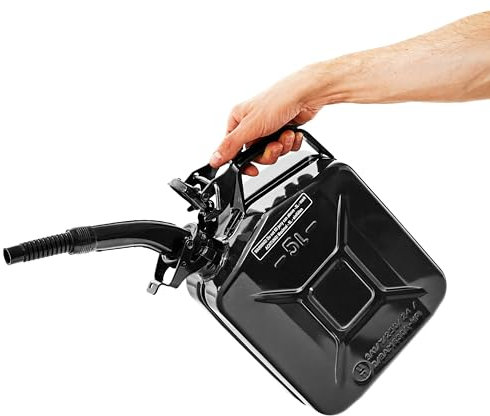 BW© Tanica per carburante in metallo, 5 litri, con beccuccio, colore nero, RAL 9005, certificato TÜV e approvazione ONU, Made in Europe