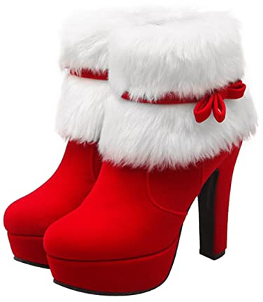 SOIMISS Christmas Booties Claus Fluffy Heels Low Heels for Women Dressy Heels with High-heel Boots Winter High Heel Boots Short Cowgirl for Women Furry Red Sole Material: Rubber
