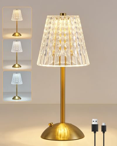 HARPER LIVING Lampada da tavolo ricaricabile, lampada da tavolo a LED a batteria, dimmerabile e 3 colori, finitura oro lucido, lampade touch senza fili per camera da letto, soggiorno, bar, ristorante
