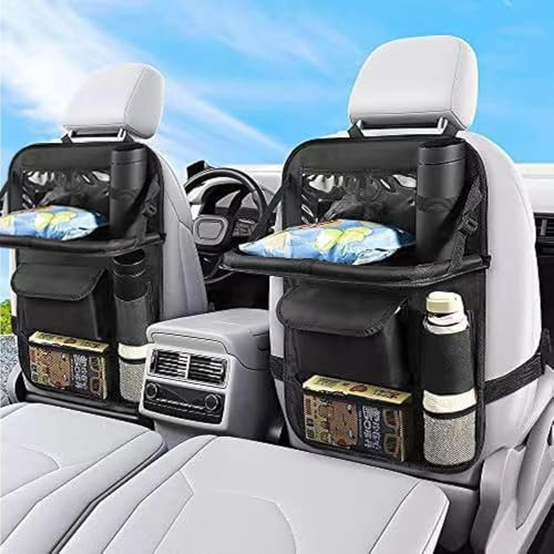 2 Pack Car Seat Organiser, Car Seat Storage with Foldable Dining Table & Centre Storage Mesh - Multi-Pocket Backseat Organiser for Toys, Snacks, Travel Essentials - Universal Fit for Most Car Seats
