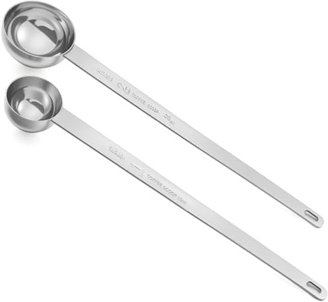 2 st kaffeskopa set 1 msk och 2 msk kaffe rostfritt stål långt handtag mätskedar matsked för malta kaffe te kryddor multifunktionellt köksverktyg kvinnor mamma diskmaskin säker silver