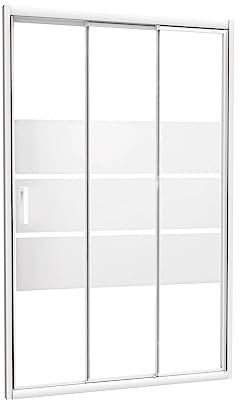 ONDÉE - Porte de douche MISSI, Façade coulissante 3 volets. 120x185cm - Epaisseur 4mm - Installation réversible - Profilé aluminium blanc (-25/+5mm) - Verre trempé sérigraphié 3 bandes blanches