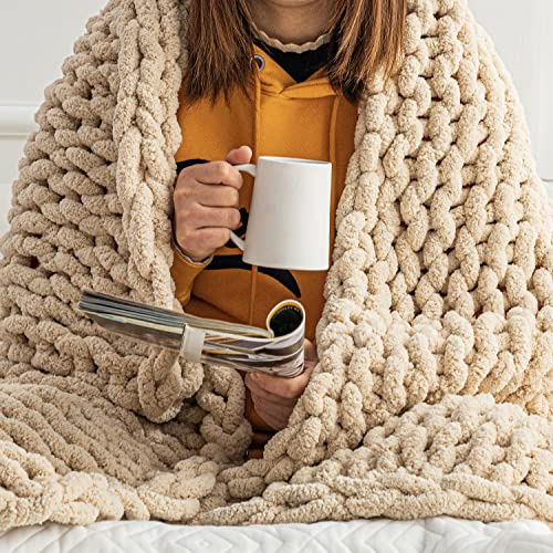 Hearth & Stone Chunky Knit Blanket Throw - 50x60 3.7 lbs. - Soft Chenille Yarn Knitted Blanket - Machine Washable Crochet Blanket - Handmade Cable Knit Throw Blanket for Couch, Bed (Oat White)