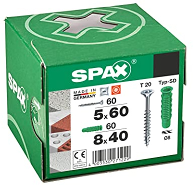 SPAX Set de vis et de chevilles Ø8-120 pièces, chevilles à expansion 8x40, vis universelle 5x60, WIROX A9J, T-STAR plus T20, pour la fixation dans le béton, la brique pleine et perforée–5000001200025