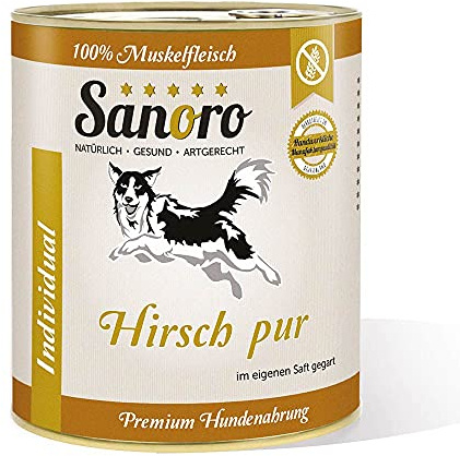 Sanoro Hirsch pur, 100% Muskelfleisch vom Hirsch, salzfrei - Premium-Hundefutter - singleprotein, hypoallergen - für Ausschlußdiäten geeignet (6 x 800g)