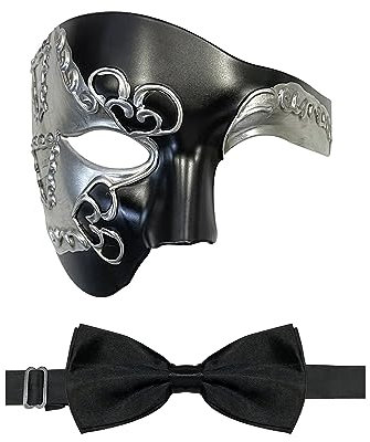 HyperFun Maskeradmask för män, Fantom på operan, halv ansiktsmask med fluga, vintage venetiansk masker för kostym/temafester (svart öra)