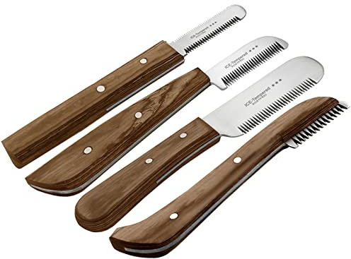 Hunde Trimmmesser Set auch für Katzen mit fein kleiner mittlerer großer Zahnung 4-Teilig Kamm für Hundefell Unterwolle Fellmesser Hundeschere Edelstahl Messer Markenqualität für Langhaar und Kurzhaar