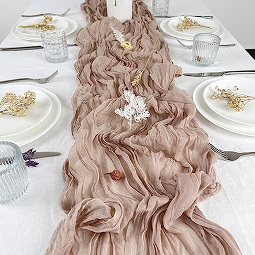 QeeFop 90 x 400 cm Tischläufer Beige Musselin Stoff Tischdeko Hochzeit Boho Gaze Käsetuch Tischläufer für Hochzeit, Geburtstag, Tischdekoration (Beige)