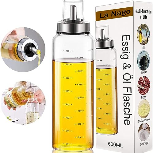 La Nago Distributeur d'huile d'olive 500 ml - Bouteille en verre - Goulot large - Facile à remplir et à nettoyer - Anti-fuite - Bec en acier inoxydable pour la cuisine - Sans plomb