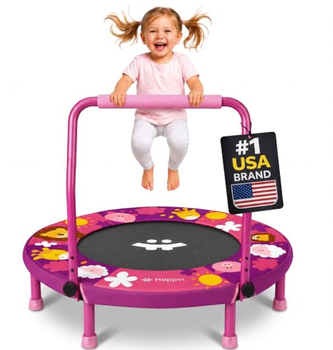 Happin® 36 Kids Trampoline, Foldable Mini Toddler trampoline Ages 2-6 with Adjustable Handle, Noise-Free Small Trampolines for Kids with Safety Pad, Indoor & Outdoor