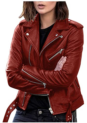 EMUKFD Chaqueta de moto en piel sintética para mujer - Talla grande - Abrigo corto ligero de cuero vegano - Tendencia - Corte ajustado - Con bolsillos con cremallera, granate, XL