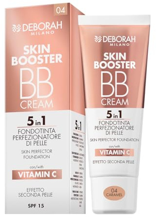 Deborah Milano - BB Cream Skin Booster 5 in 1 SPF 15, Crema Colorata Viso con Vitamina C, Fondotinta Effetto Seconda Pelle, n.04 Caramel, 30ml