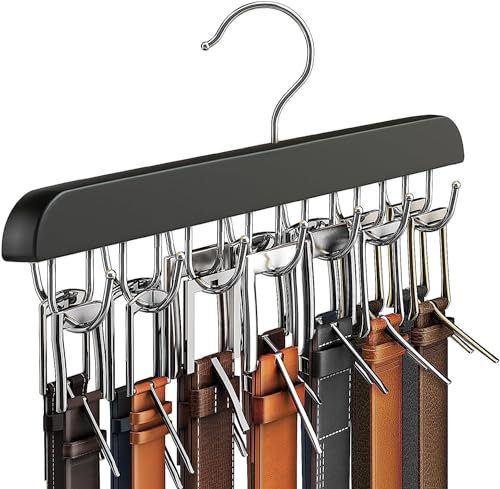 Hoquare Belt Hanger for Closet, Sturdy Wood Belt Rack Closet Accessories with 14 Hooks, Space Saving Rack Belt Display Holder, Belt Organizer Hanging Storage for Tie Belt Scarf, Black