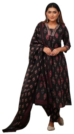 KLOSIA Conjunto de kurta y pantalón estampado para mujer con Dupatta | Conjunto de Kurta | Conjunto étnico | Conjunto Dupatta | Conjunto étnico | Traje festivo de pantalón Kurta |, negro, M
