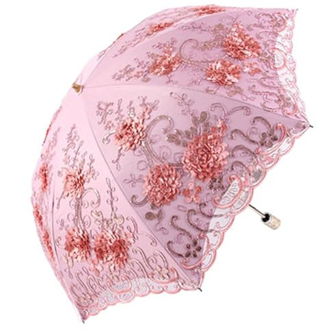 URFEDA Gesticktes Vintage Spitze Sonnenschirm Regenschirm, Faltbarer Reiseschirm Bestickter Sonnenschirm Taschenschirm UV-Schutz Spitze Parasol Frauen Doppelter Sonnenschirm Hochzeit Brautschirm