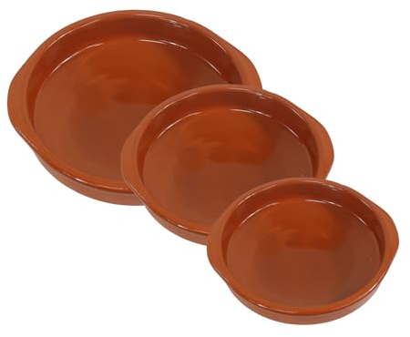Fackelmann Set de 3 Cazuelas de Cerámica Rústica, Cazuelas de Barro Refractario, Aptas para Cocina de Gas y Eléctrica, Microondas y Horno, Color Natural, 20/26/28 cm Diámetro, 3 ud.
