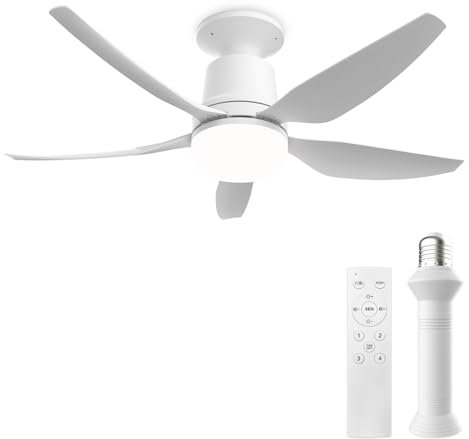 Orthland 71cm Silencieux Ventilateur Plafond avec Lumiere et Douille E27, 50W Dimmable Lampe Ventilateur Plafond avec Telecommande pour Petite Chambre Salon Cuisine, 4 Vitesses, 5 Pales