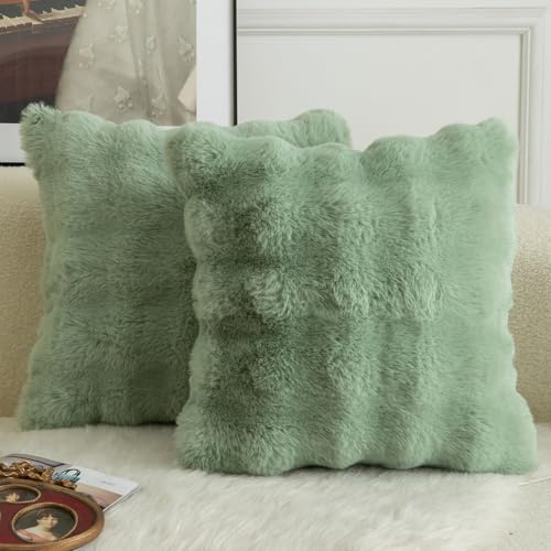 Mandioo Pack of 2 Cushion Covers 65cm x 65cm Decorative Thick Plush Wool Throw Pillow Covers cases for Sofa Bedroom Living Home 26 x 26 Inch Sage Green