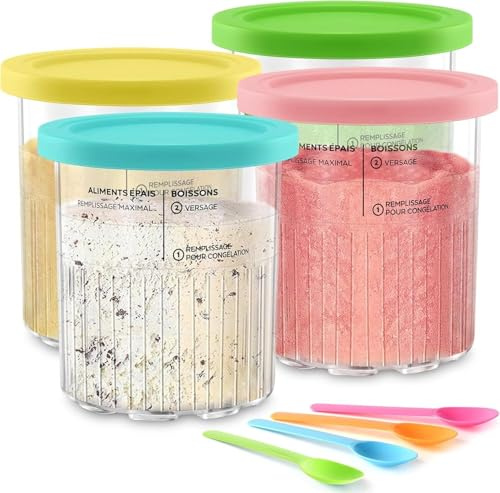 Mooyii Pack von 4 Creami Behältern für Ninja Creami Deluxe Eismaschine NC501 NC501EU NC500 Serie Pints und Deckel, BPA-frei, spülmaschinenfest, rosa, grün, grau und blau