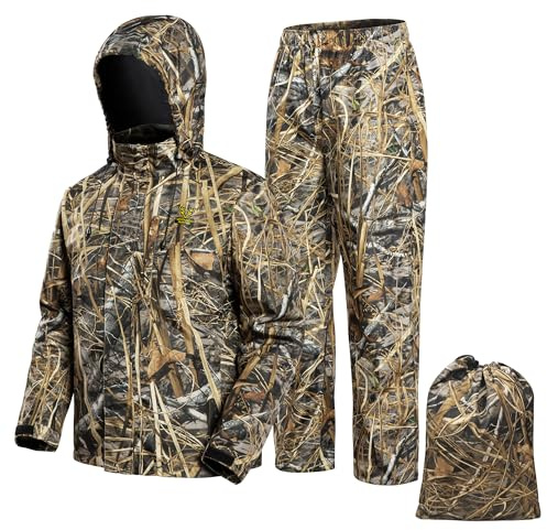 VOTAGOO Hunting Rain Suit Jacket and Pants Lightweight Raincoat Waterproof Rainwear For Men (Camo Reed, Medium)