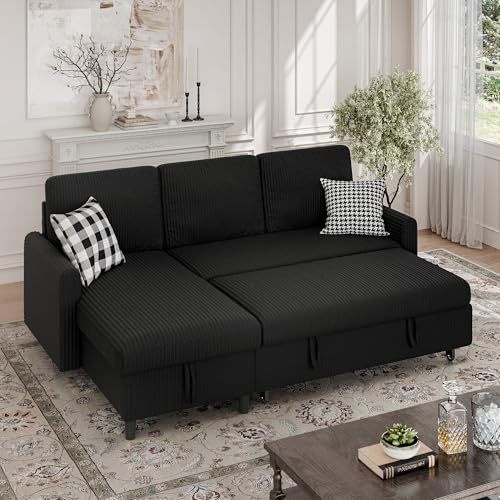 Walsunny Sectional Sofa Couch L Shaped Sleeper Sofa Bed Pull Out Bed with Storage, Reversible Sectional Couches for Living Room, Apartment, Office(Black)