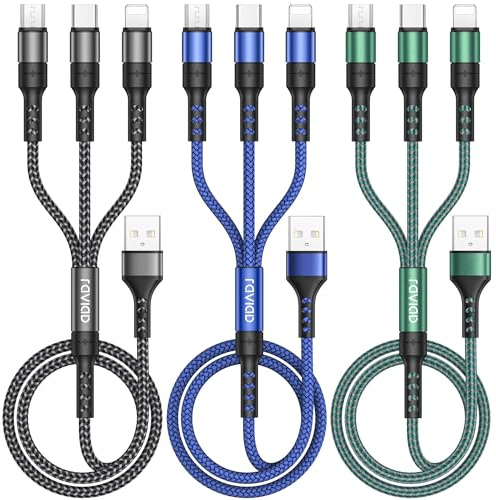 RAVIAD Multi Charger Cable 3 Packs 2M 3 in 1 Charging Cable Nylon Braided | Multiple USB Cbale with Micro USB Type C Lightning Connector for iPhone, Galaxy, Huawei, Oneplus, PS4, Tablet and More