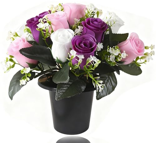 BYYDANFC Artificial Flowers for Graves, Flowers for Graves, Grave Flowers Artificial in Pot Suitable for Cemetery Decoration Tribute and Commemoration