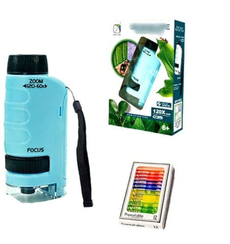 Microscope de Poche pour Enfants, Pocket Microscope Portable avec LED (60-120x), Mini Scope pour étudiants avec 12 Lames, Petit Scope Enfant pour l'observation Biologique